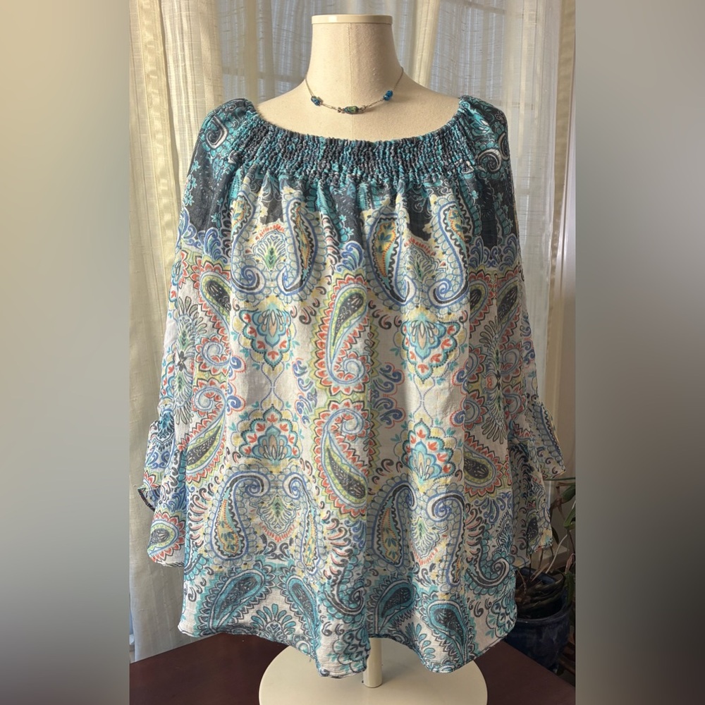 Zac & Rachel Teal Paisley Off-Shoulder Blouse